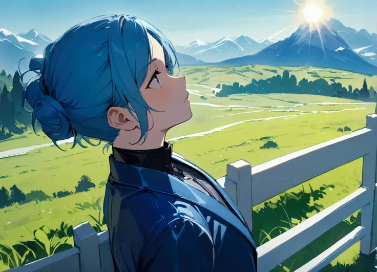  masterpiece,  lyrics, FILM, man,  stuffed on a white fence, in a meadow, mountain, beautiful landscape, bright sun,  blue hair, asymmetric bangs hairstyle ,  very short hair ,  looking at the sky , resting, blue elegant clothes,  looking up, 3 piece suit