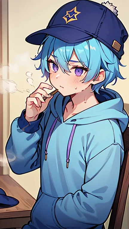 (( A man with steamy blue hair and purple eyes)),(( Im wearing a light blue hat )),((Im wearing a blue hoodie)),bangs,Hair between eyes 