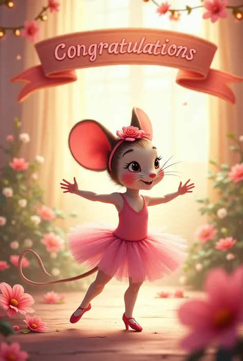 The Little Ratoncita Angelina Ballerina,  in the background a sign that says  (Congratulations Yenni ) 