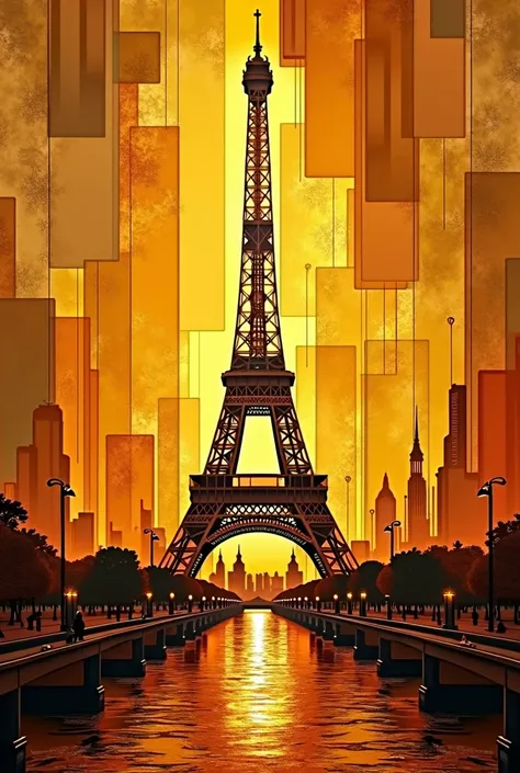 Imagine a beautiful amber mural depicting a cyber-surreal interpretation of the Eiffel Tower and the picturesque landscape of Paris that surrounds it. The composition is dominated by the Eiffel Tower, whose iconic silhouette is reinterpreted with futuristi...