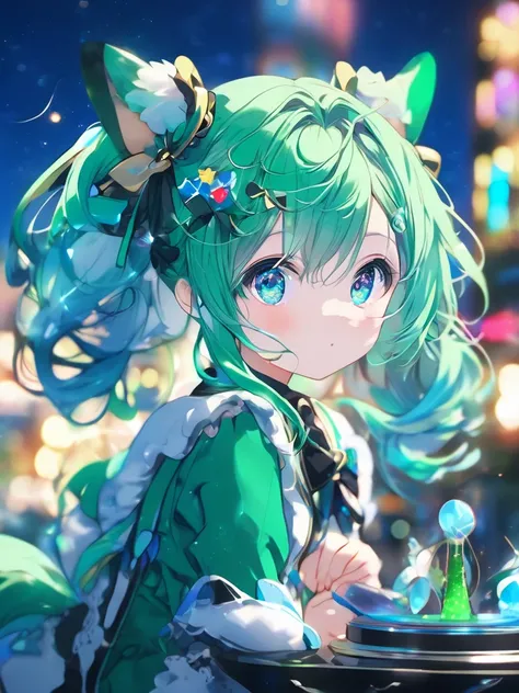 Profile focus ,   eyes focus  ,   cute face, masterpiece,  best quality,   sharp concentration ,  Ultra-high definition,   1 girl,  emerald green hair with twin tails,  colorful lights , Light blue eyes, Blue Night,  upper body, Night view