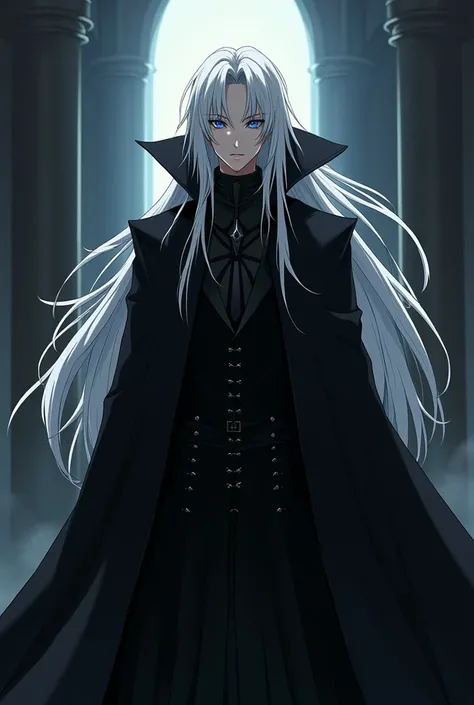 Anime boy with long white hair, black cloak, dark side, villain