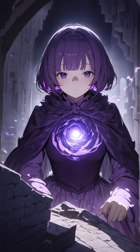 1 girl, ( cute face),  shorthair , to many hairstyle, medium breasts,  Deep Purple Dress ,  Cloak That Feels the Flow of Darkness,  Pottery skin , break,  Inside the Dim Castle , (Spooky Light:1.4),  Tense Atmosphere , break, Shadow Spirit, Swaying Shadow ...