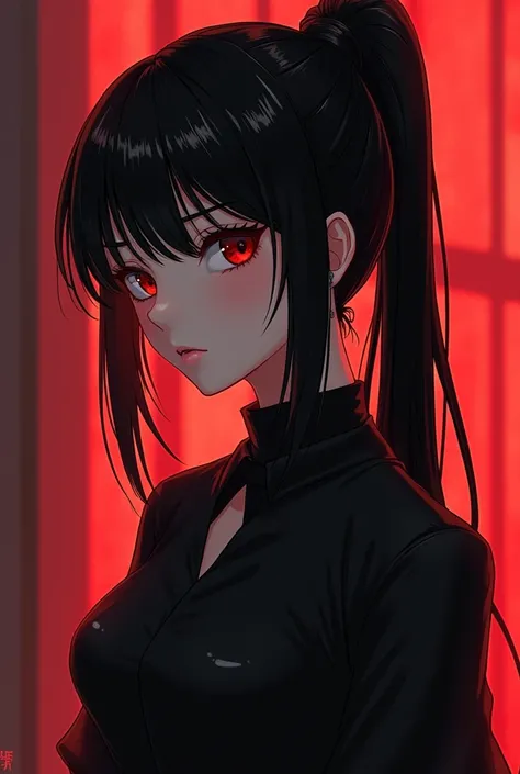 anime style. cool woman. The girl is 193 centimeters tall and is a handsome girl with a beautiful face. In some places, he was mistaken for a man. Black hair, red eyes, sharp eyesight, and hair pulled back in a shoulder-length ponytail. Wear black clothes ...