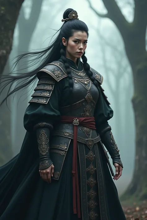 “(masterpiece, top quality:1.3), beautiful female warrior, long black hair tied in two flowing braids:1.2, stern expression:1.1, wearing black traditional warriors armor, elaborately decorated:1.3, intricate and elaborate hair ornament, standing in forest ...