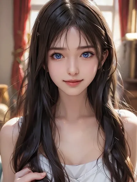  portrait、Realistic、Elegant mature women、 blue eyes、 shiny hair、smile、 camisole 、bedroom、Beautiful breasts, 4K resolution、 High Quality CG、Beautiful CG、Soft light