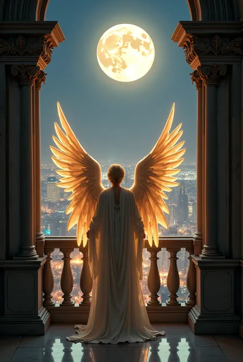 Archangel Gabriel looking at New York City from the cathedrals calendar on a night with a full moon 