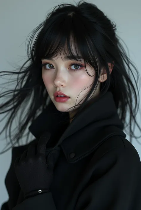 A beautiful woman with long black hair with bangs, jabuticaba-colored eyes ,  black winter clothing with black boots ,  black hand gloves ,  pale skin with slightly pink cheeks 
