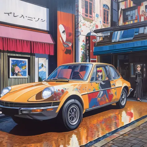 おまんこ、ハンスベルメール,gothic lolita fashion, Japanese, 1970s fashion illustration, photorealism, avant-garde painting, in front of a French car, hyper-realistic painting, acrylic painting,surrealism