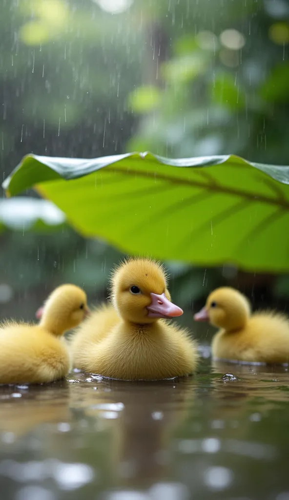 a serene, enchanting scene depicting a  crouched in shallow water, sheltered by a large vibrant green banana leaf. raindrops fal...