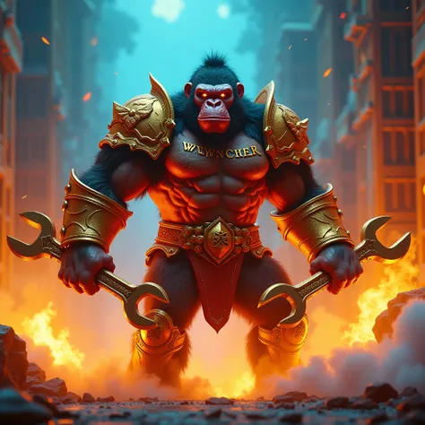 A red fierce muscled King Kong with golden knight armor on , in his hands he holds 2 golden big Wrench, in front of his chest the letters "Wrencher" engraved,blue golden smoke on the background,everything is in neon lighting, spectral , fenomenale,gold smo...