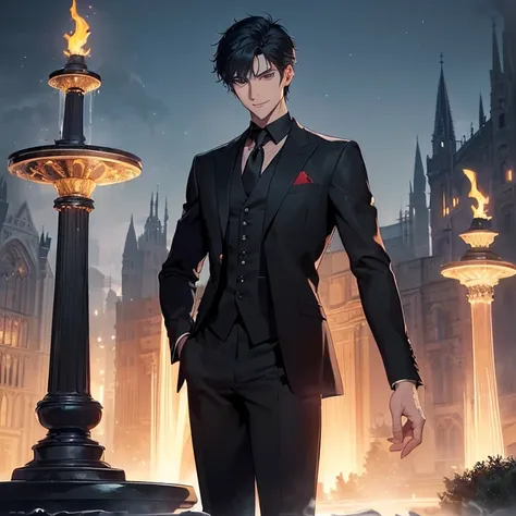 Masterpiece, HD, high resolution, high quality, best quality, super detailed. Solo character alone. Fantasy art.
{{(A 20-years-old male-human king:(appearance: very-pale-skin. Spiky-sharp-very-short-black-hair. Blue-eyes. Proud smiling expression. Slender-...