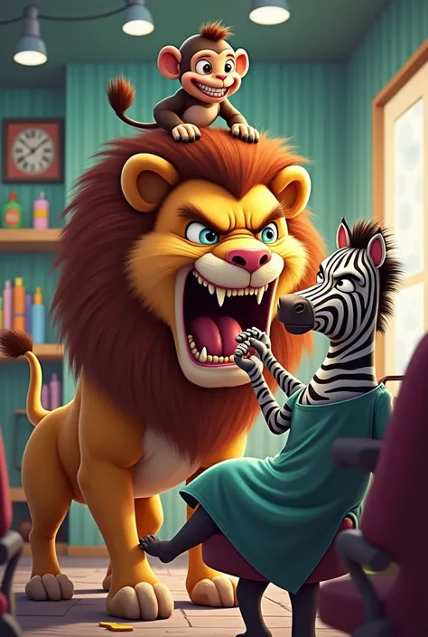 Lion getting angry on monkey in hair salon due to zebra cutting 