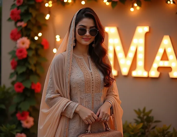 Pakistani realistic beautiful cute 18 years old fair skin looking down model fashionable stylish attitude big smile dimpal full body cover salwar Kamez dress long dopatta on the head long brown hair sunglasses long sandals stylish bag in the hand beautiful...