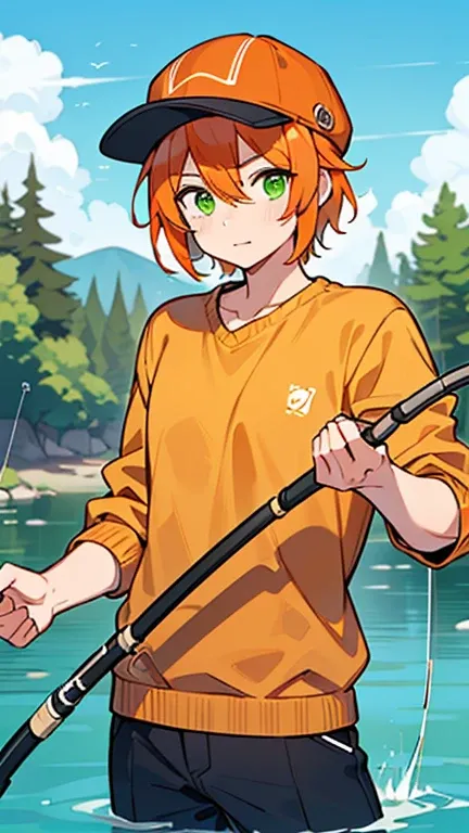 (( A man with orange hair and green eyes)),(( wearing a blue hat )),(( wearing a yellow jumper carrying a fishing rod )),bangs,Hair between eyes ,holding a fishing rod