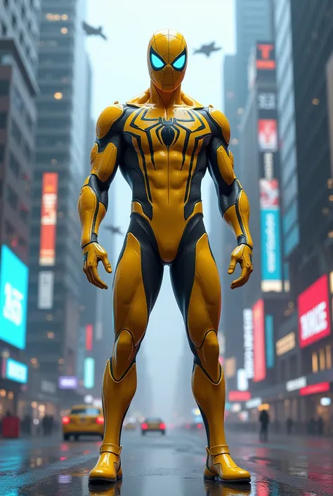 Imagine a futuristic and muscular Spider-Man-inspired character standing in a high-tech, neon-lit city. The suit has a sleek, high-tech design with a primarily yellow color scheme, giving it a clean and futuristic appearance. Accents of light black or silv...