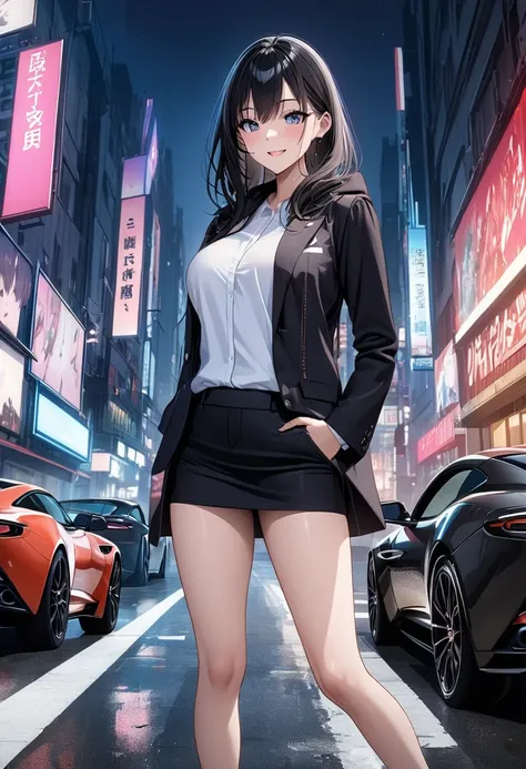  best quality、Ultra-precision、Detailed drawing、 vibrant colors、Beautiful girl 、alone、Age 30、Accurate facial depiction、Night road、Blue streetlight 、Aston Martin DB11、 hood、 black business suit 、 miniskirt that snaps around the knee、 high heels、Skin gloss、Be...