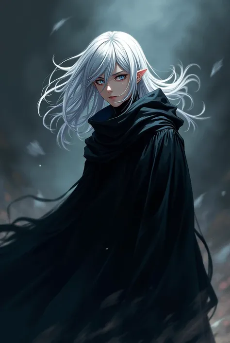 Anime boy with long white hair, black cloak, dark side