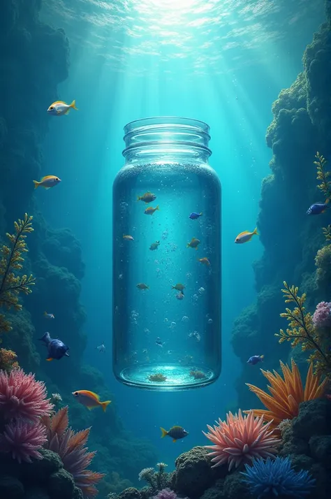 A glass jar inside deep ocean surrounded by aquatic life and a beautiful concept