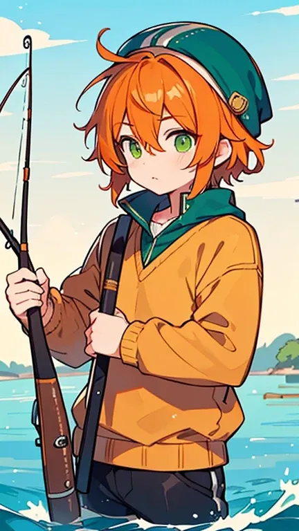 (( A man with orange hair and green eyes)),(( wearing a blue hat )),(( wearing a yellow jumper carrying a fishing rod )),bangs,Hair between eyes ,holding a fishing rod