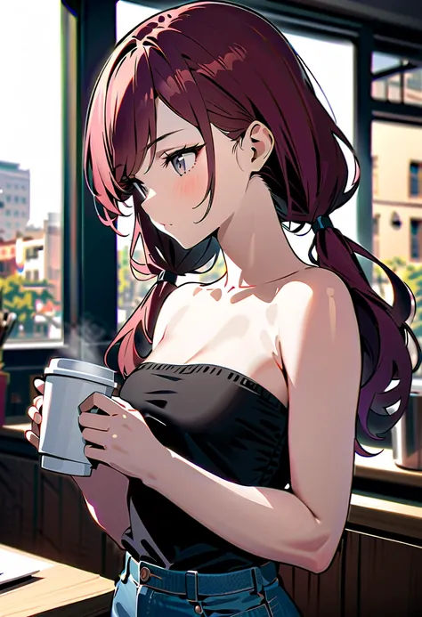 (solo)，masterpiece，Extreme details，HD，Beautiful illustrations，amazing，medium view，Upper Body，A woman，(extremely detailed neat hair)，dark red hair, low twin tails, gray eyes, swept bangs, small breasts, toned arms, strapless black shirt, jeans，(Drinking cof...