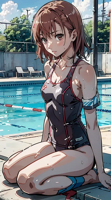  bed、 Wet 、 光沢のある competitive swimsuit,  poolside with 8 ,  best quality, Realistic　 competitive swimsuit、Half-dressed、 Take off Misaka Mikotos  、 Wear a full body image