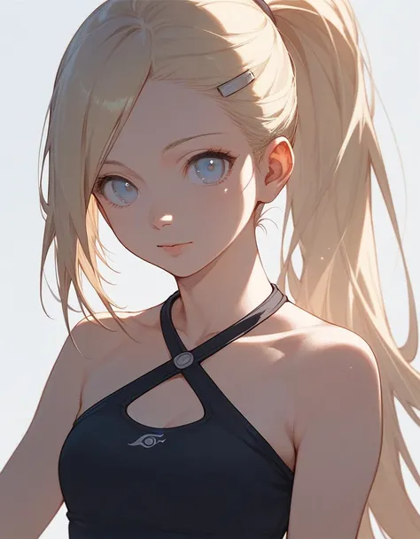 close up, score_9, score_8_up, score_7_up, (solo), 1girl, ino yamanaka, long hair, naruto, blond hair, medium breast, (pose), ponytail, hands, fingers, halter top, big eyes, 