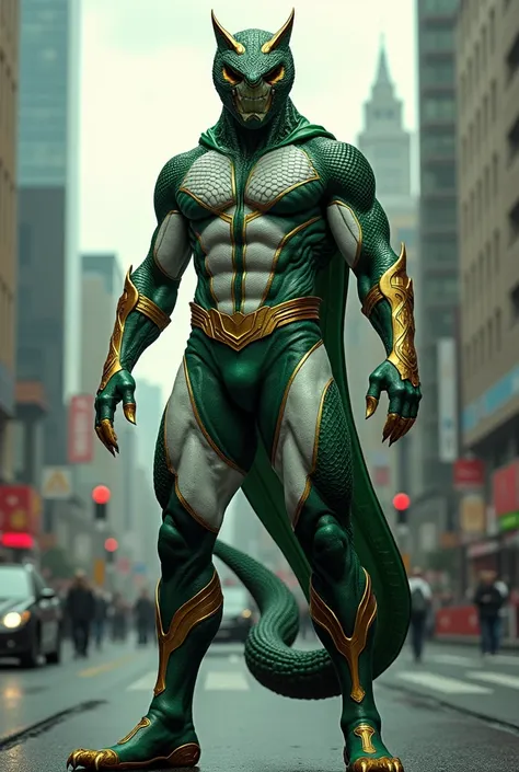  A male superhero who resembles a cobra but has a human head and a mask. The clothing colors should be green, white and gold and without a cape 