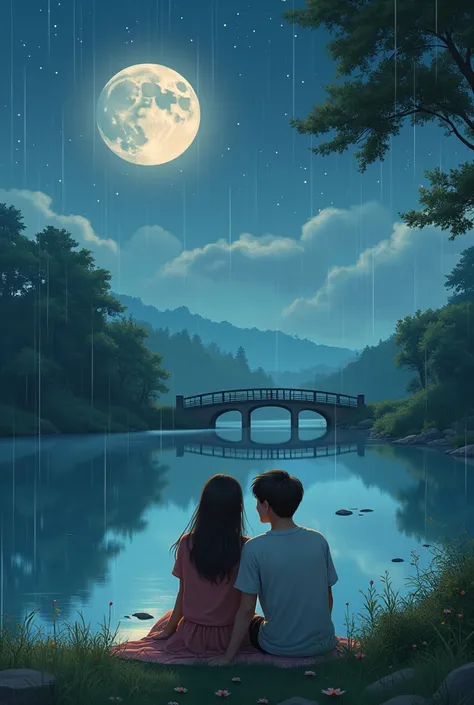 A couple in their teenage, enjoying time near a lake near a bridge, Little rain, Moon and stars are shining. Landscape