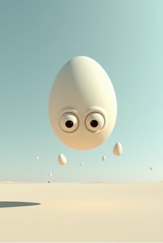 3D art of an egg falling from the sky with its eyes elongating. No mouth.