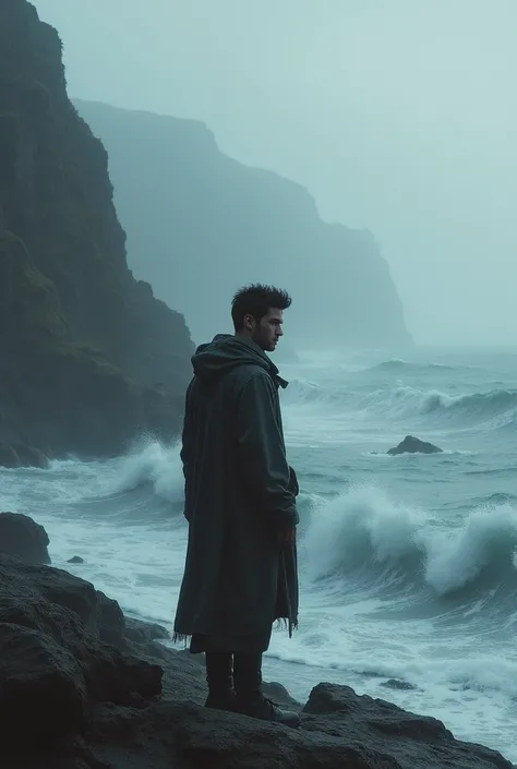 A sad young man standing on a rough seaside