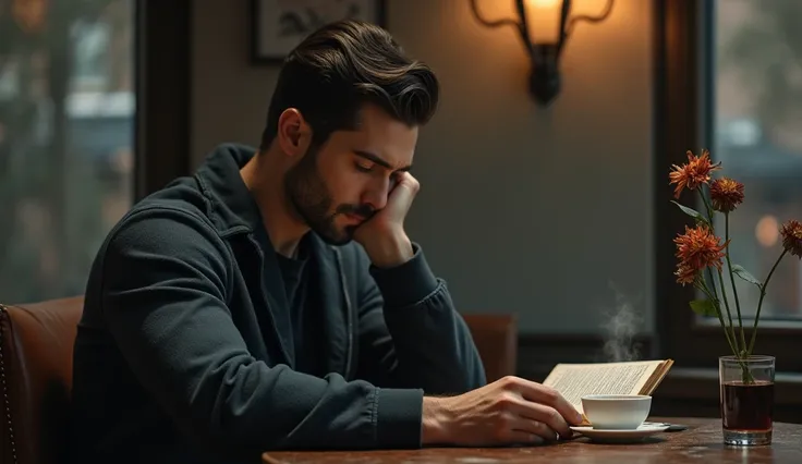  Side view of A handsome and sad man sitting alone in a cafe,  reading a book of poems , on the table a wilted flower ,  and a cup of very hot coffee releasing the steam  