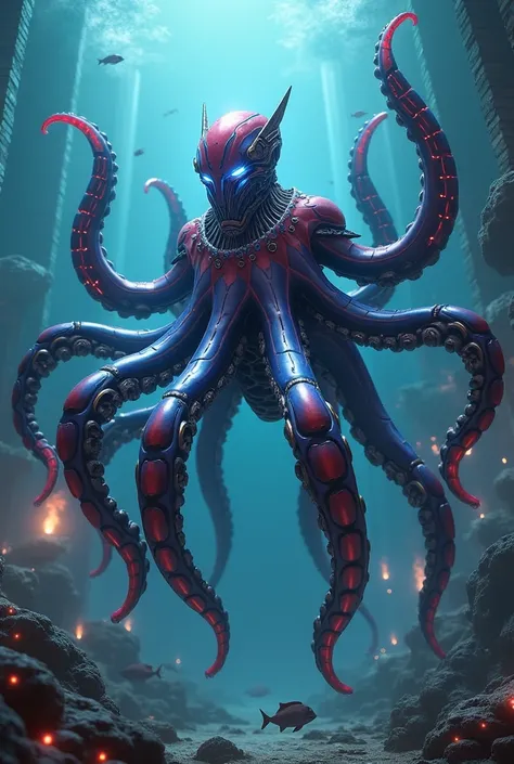 A hybrid creature that blends an octopus with a futuristic robotic design inspired by Optimus Prime. The creature has a central body resembling an octopus, with smooth metallic plating in vibrant blue, red, and silver tones. Its eight tentacles are mechani...