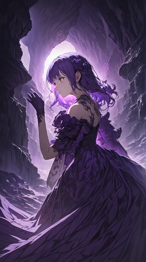 1 girl, ( cute face),  Medium Hair , to many hairstyle,  medium breasts,  Black and Purple Combination Dress,  Shadow Pattern ,  Thin Gloves ,  Pottery skin , break, Cave of Darkness, (Dark Light:1.2),  Tense Atmosphere , break, Shadow Creatures , Whisperi...