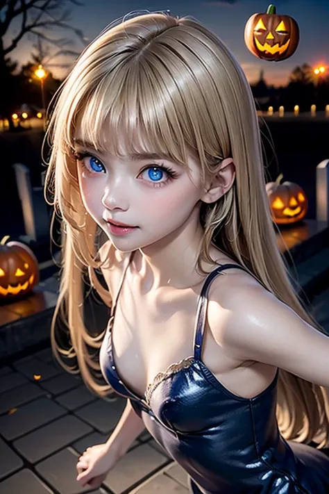 masterpiece, best quality, several people having fun with each other while having very detailed , Beautiful Girl ,  teenager ,Halloween Dress , Halloween Decorations,Cemetery at night, small breasts, thin waist,blonde,Perfect Blue Eyes, very cute , Active ...