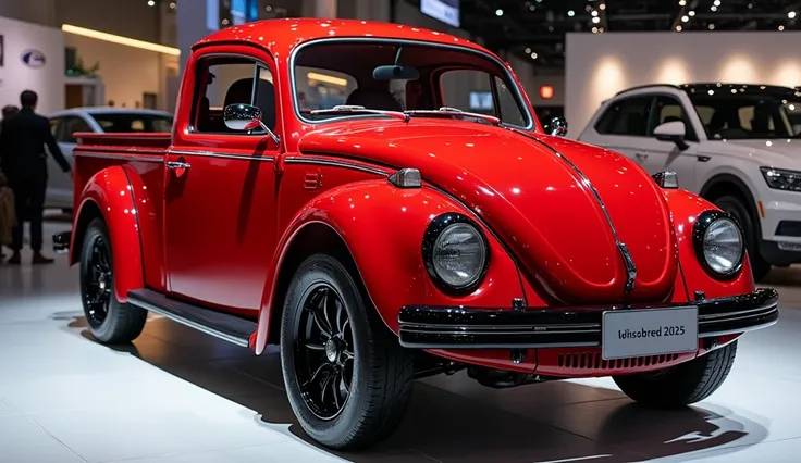 2025 Volkswagen beetle pickup truck luxurious showroom straight side view Red colour old design close pics 