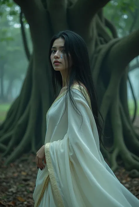 "A mysterious woman in a white saree standing under a massive banyan tree. Her face is partially covered by her long hair, and tears are visible on her cheeks, creating a ghostly appearance."
