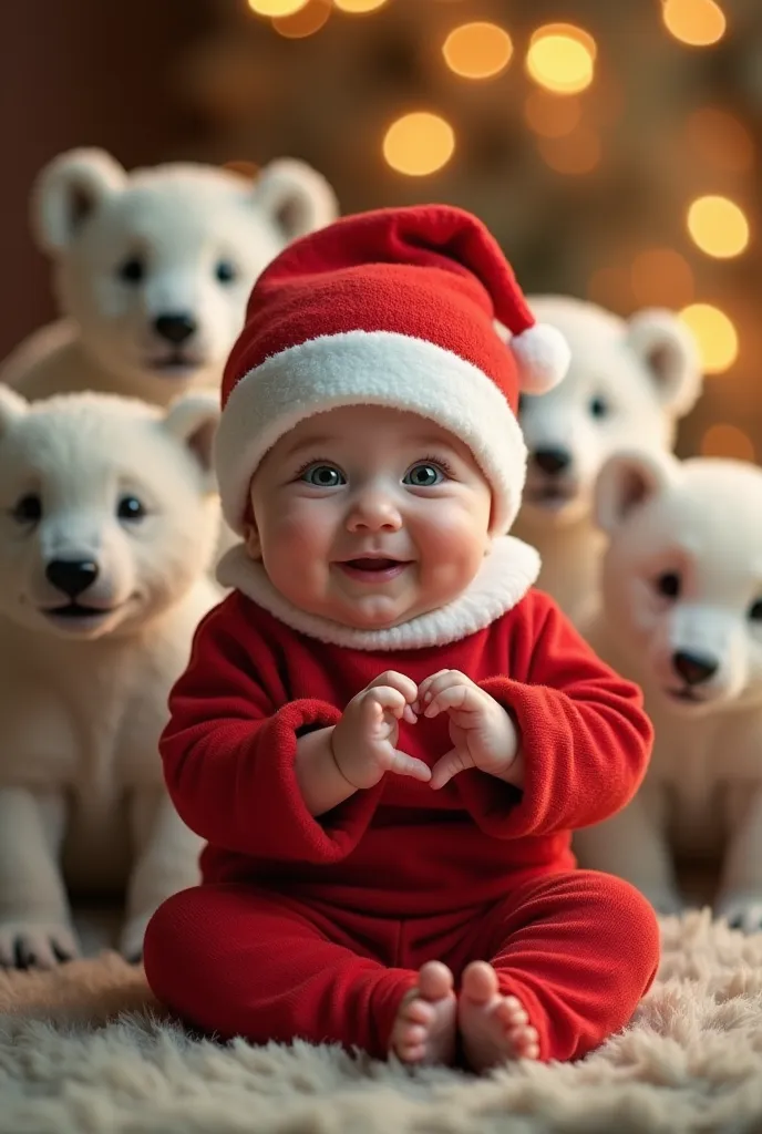   In a stunning hyperrealistic scene  ,  a baby with green eyes  , sentado de pernas cruzadas ,   facing the camera with a soft  ,   innocent expression  .   Your plump cheeks  , glowing with warmth  ,   are close to the lens  ,   capturing every fine detail of his soft  , delicate skin.   The baby is wearing Santa Claus clothes  ,   Santa Claus hat with perfectly coordinated colors that frame your little head with affection.   He raises his playful little hands  ,   creating a heart shape in front of him with adorable precision  ,   radiating joy and purity  . Behind him,  a group of little white bear cubs playing  ,   his eyes wide and full of curiosity as they observe the baby  ,  your little ears attentive in fascination  .   The white bear cubs sit harmoniously in the background  , Her softness ,  flaccid,  ,   soft fur highlighted by the soft Christmas lighting with lots of Christmas lights   . 