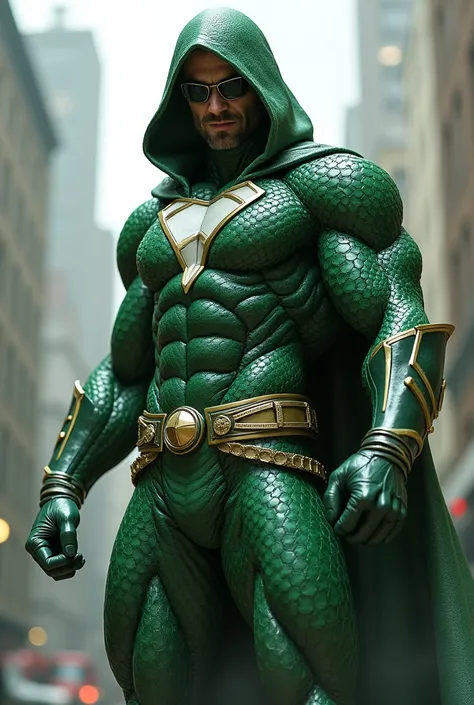  A male superhero who resembles a cobra but has a human head and a mask. The clothing colors should be green, white and gold and without a cape but hood like a cobra