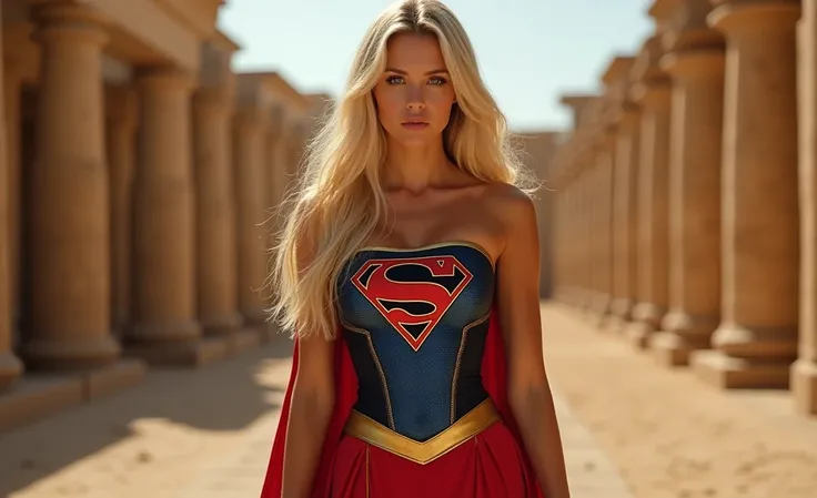 a beautiful 25 year old blonde woman, wearing a corset in the colors of the Supergirl costume, with her beautiful and sexy body, showing her toned belly, in the scene are Venon, in an ancient Egyptian landscape