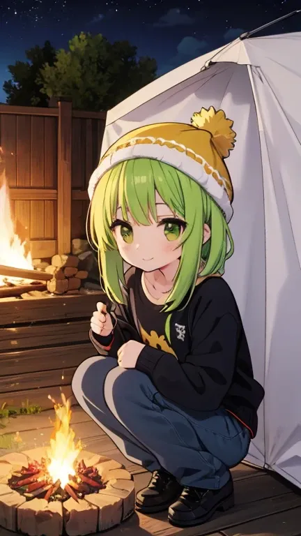 One person, cute,woman, woman,大人のwoman,Tall, taller,Long legs, slender,slim, slender, green hair,Yellow Hair,Bob Hair,Knitted hat, comments, Long Pants ,chunky clothes ,Bonfire,tent, Camp,night, squatting,Bonfireに手を近づける,smile