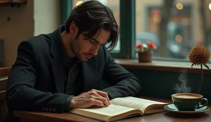 a handsome man, sad and lonely , sitting in a cafe,  reading a book of poems ,  on the table a withered flower and on the side a cup of coffee letting off steam 