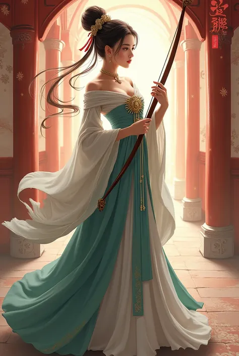  A painting of a woman in a long dress holding a bow, Yang J Concept Art,   pixiv Contest Winner  , Fantasy Art,  A beautiful artwork illustration,  Antique style art ,  a beautiful digital artwork, palace ，  girl in Hanfu, Beautiful digital illustrations,...