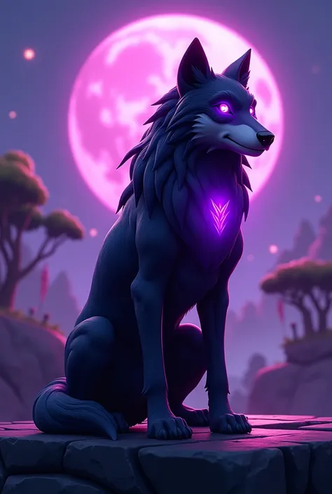 A promotional image for my gaming Fortnite team 
It is supposed to be a wolf on a stage who is black with purple lights with more Fortnite in the background 