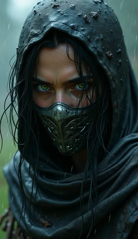 " An enigmatic warrior with a dark appearance ,  using a detailed metallic mask covering the face partially ,  with wet black hair falling in disordered locks due to rain .  Intense green eyes convey determination ,  reflecting the humid and dark environme...