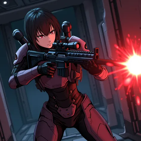  anime style . A mass effect space soldier, with a sniper behind his back , Throwing a grenade that emits a red light in a room of a ship.