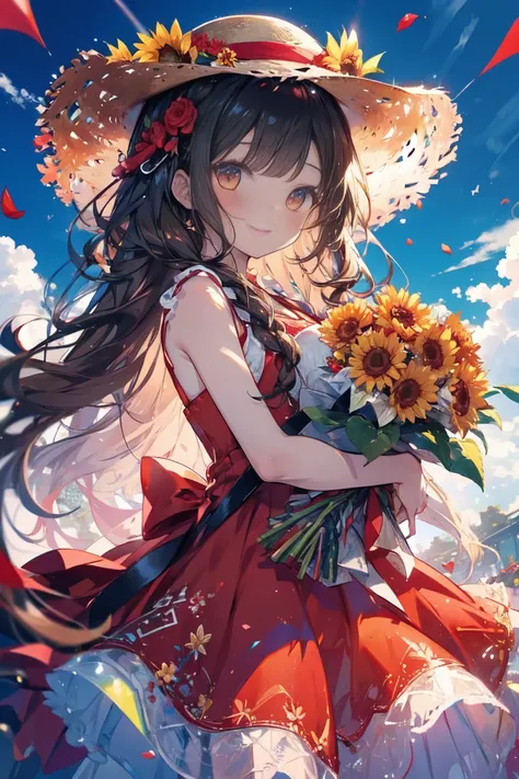 Red Roseのbouquetを持っている,A woman wearing a yellow sunflower dress, holding a bouquet of red roses, 1 girl,  have , Alone, sunflower dress, Brown eyes, Long Hair, flower, smile, null,  braided , strawhat,  have ,  open your mouth , yellow dress with sunflower...