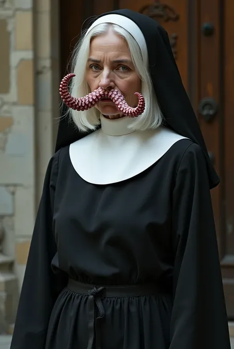 The white-haired middle-aged girl, wearing a tight-fitting nuns dress, looked less slender and had an octopus mustache pinning her body until some skin was visible.