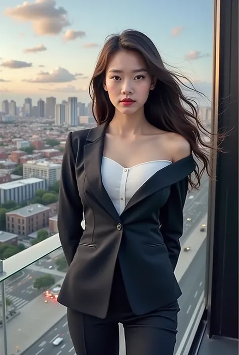 18 years old female, long hair, RAW photo, bokeh (realism: 1.4, realistic), high detailed, 8K, 1girl, solo, parted lips, office lady, business suit, skyline, cloud, arms behind back, looking at viewer, single bare shoulder, ((slim body: 1)), (small breasts...