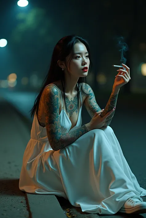 For the cinematic character of a beautiful Asian girl, her breasts are very large, her chest looks very thin, Full body, strong, wearing a long white house dress, body full of bright tattoos, sitting on the side of the road in the city park, hand holding a...